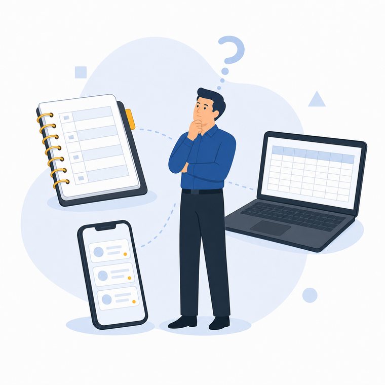 予約や顧客の情報が、紙のノート・Excel・スマホにバラバラに分かれていて困っている様子のイラスト
