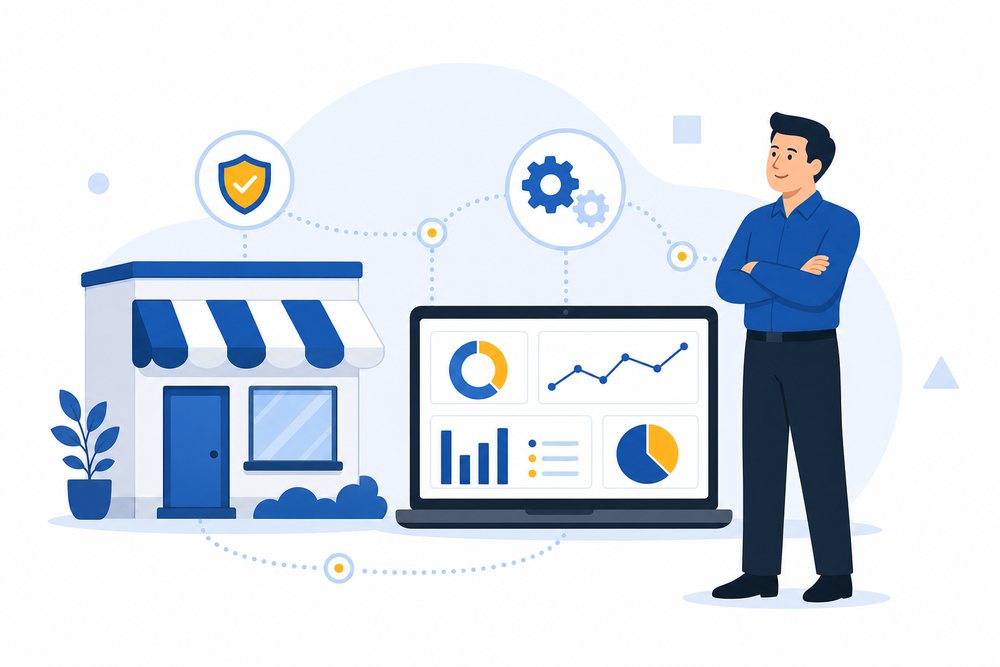 小さなお店の業務を、笑顔のIT担当者がノートPCや仕組みづくりで支えているイラスト