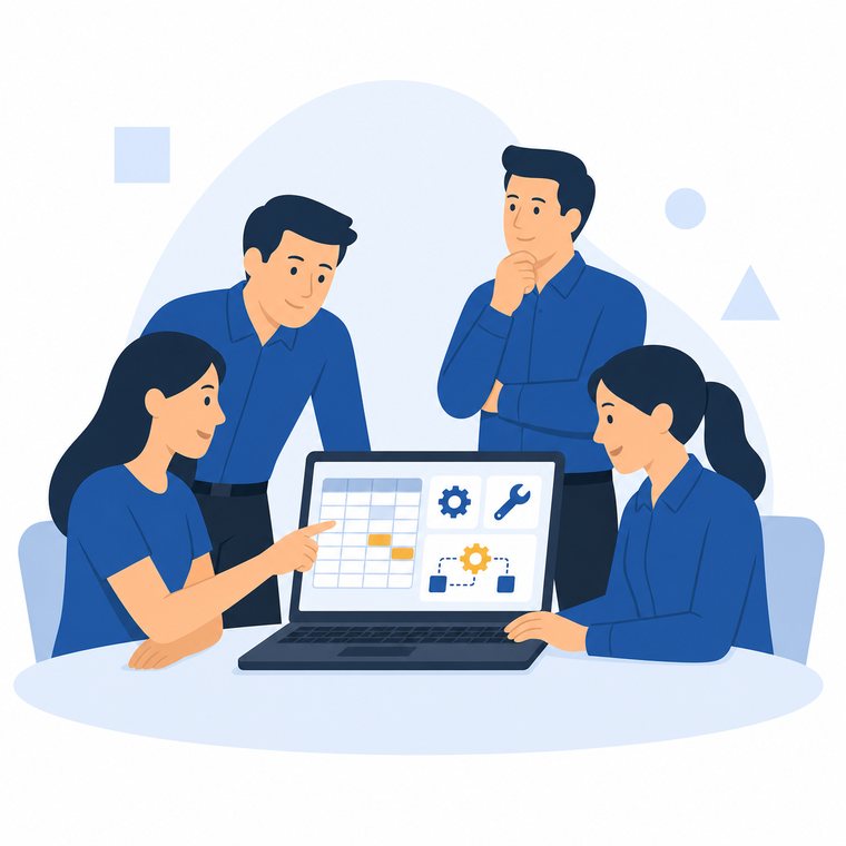 昔だれかが作った便利な社内ツールを、今も複数人が頼りにして使っている様子のイラスト